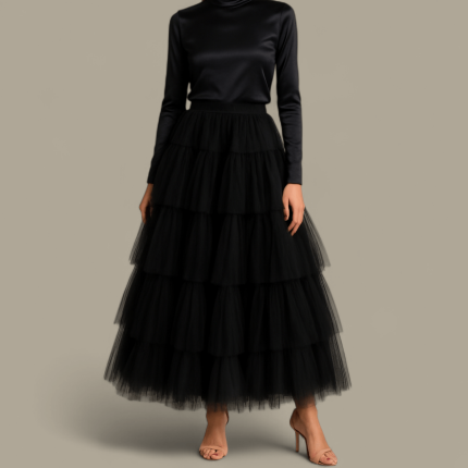 دامن توری چیندار پنج دامنه مشکی مجلسی سایز 32 تا 62 (رنگبندی موجود) سایز بزرگ موجود رویداسما roydasma