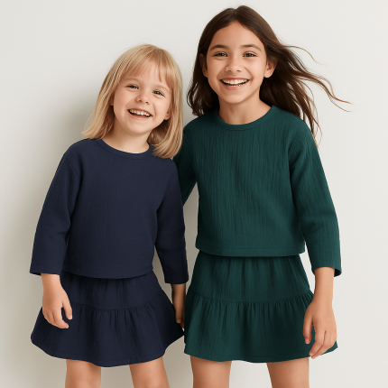 ست بلوز و دامن کودک نخی ابروبادی 2 تا 11 سال (رنگبندی موجود) رویداسما roydasma