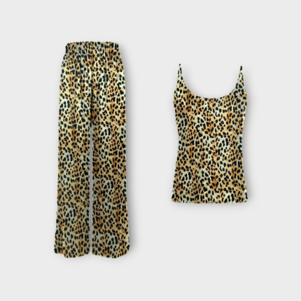 ست تاپ یقه گرد و شلوار بگ پلنگی کرپ نخ سایز 32 تا 62 سایز بزرگ موجود رویداسما roydasma