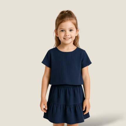 ست تیشرت و دامن کودک نخی ابروبادی آبی نفتی 2 تا 11 سال (رنگبندی موجود) رویداسما roydasma