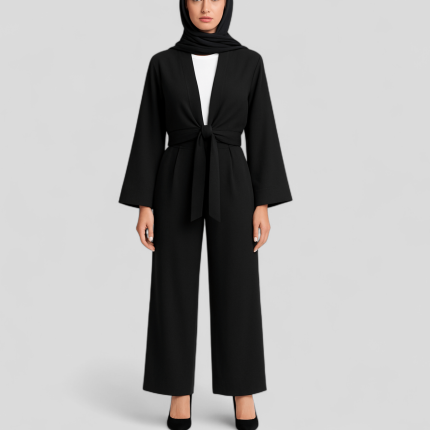 ست کت کراپ گره ای و شلوار راسته پیله دار کرپ مشکی سایز 32 تا 62 (رنگبندی موجود) رویداسما roydasma