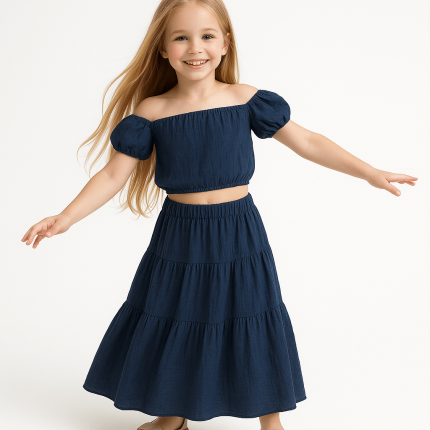 ست کودک کراپ تاپ دکلته و دامن سه دامنه نخی ابروبادی آبی نفتی 2 تا 11 سال (رنگبندی موجود) رویداسما roydasma