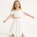 ست کودک کراپ تاپ دکلته و دامن سه دامنه نخی ابروبادی سفید 2 تا 11 سال (رنگبندی موجود) رویداسما roydasma