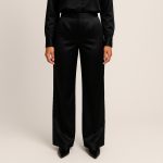 شلوار راسته ساتن پشت کش مشکی قد 100cm سایز 32 تا 62 (رنگبندی موجود) رویداسما roydasma سایز بزرگ موجود