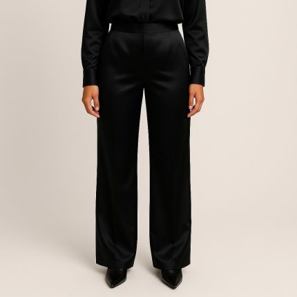 شلوار راسته ساتن پشت کش مشکی قد 100cm سایز 32 تا 62 (رنگبندی موجود) رویداسما roydasma سایز بزرگ موجود