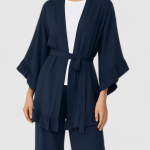 مانتو رافل دار نخی ابروبادی آبی نفتی آستین انجل کمربنددار سایز 32 تا 62 (رنگبندی موجود) رویداسما roydasma سایز بزرگ موجود