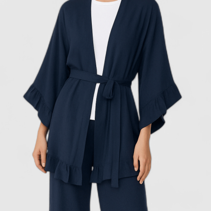 مانتو رافل دار نخی ابروبادی آبی نفتی آستین انجل کمربنددار سایز 32 تا 62 (رنگبندی موجود) رویداسما roydasma سایز بزرگ موجود