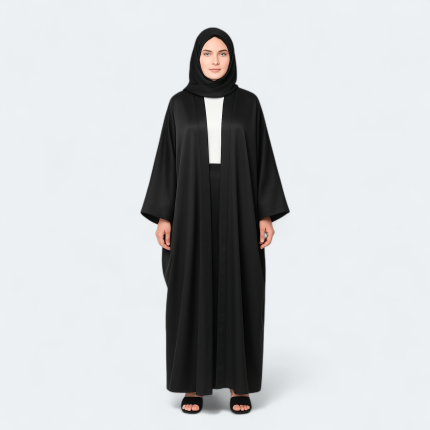 مانتو عبایی جلوباز کرپ مشکی سایز 32 تا 62 (رنگبندی موجود) رویداسما roydasma سایز بزرگ موجود