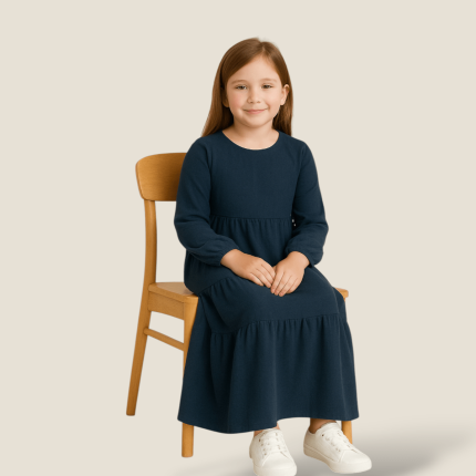 پیراهن بلند کودک سه دامنه آستین بلند نخی ابروبادی آبی نفتی 2 تا 11 سال (رنگبندی موجود) رویداسما roydasma