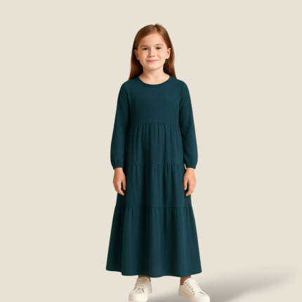 پیراهن بلند کودک سه دامنه آستین بلند نخی ابروبادی سبز کله غازی 2 تا 11 سال (رنگبندی موجود) رویداسما roydasma