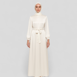 پیراهن فرمالیته عروس بلند ساتن سفید کمربنددار آستین پفی سایز 32 تا 62 (رنگبندی موجود) رویداسما roydasma سایز بزرگ موجود