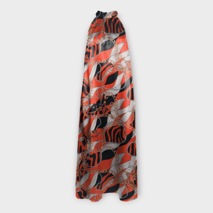 پیراهن هالتری آزاد طرح زنجیر با زمینه قرمز بلند کرپ نخ قد 125cm سایز 32 تا 62 رویداسما roydasma سایز بزرگ موجود