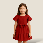 پیراهن کودک دودامنه کوتاه آستین آنجل کمربنددار نخی ابروبادی قرمز 2 تا 11 سال (رنگبندی موجود) رویداسما roydasma