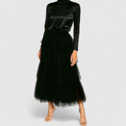 دامن توری چیندار 4دامنه مشکی مجلسی سایز 32 تا 62 رویداسما roydasma سایز بزرگ موجود