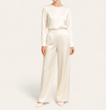 ست شومیز و شلوار پیله دار ساتن سفید سایز 32 تا 62 (رنگبندی موجود) رویداسما roydasma سایز بزرگ موجود