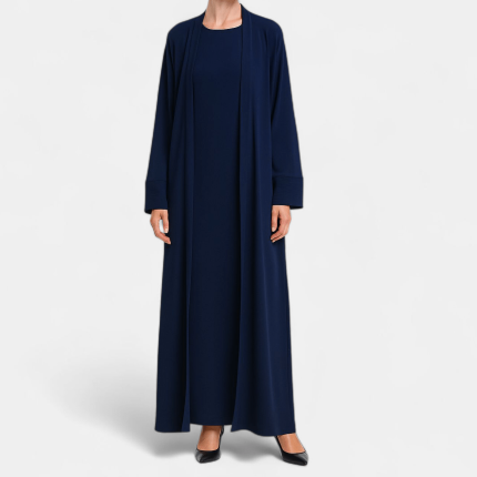 ست مانتو کیمونو بلند جلوباز و پیراهن زیرمانتویی کرپ آبی نفتی سایز 32 تا 62 (رنگبندی موجود) رویداسما roydasma سایز بزرگ موجود