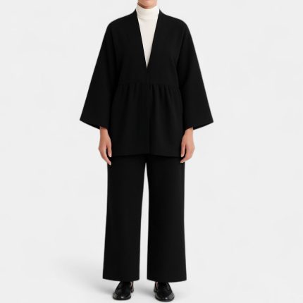 ست مانتو کیمونو چیندار و شلوار بگ مشکی سایز 32 تا 62 (رنگبندی موجود) رویداسما roydasma سایز بزرگ موجود