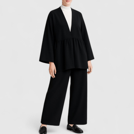 ست مانتو کیمونو چیندار و شلوار بگ مشکی سایز 32 تا 62 (رنگبندی موجود) رویداسما roydasma سایز بزرگ موجود