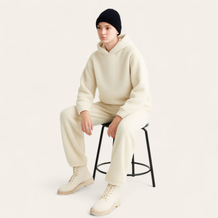 ست هودی کلاه دار و شلوار راسته خز تدی سفید سایز 32 تا 62(رنگبندی موجود) رویداسما roydasma سایز بزرگ موجود