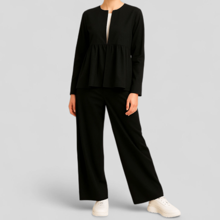 ست کت چیندار جلوباز و شلوار کرپ مشکی سایز 32 تا 62 (رنگبندی موجود) رویداسما roydasma سایز بزرگ موجود