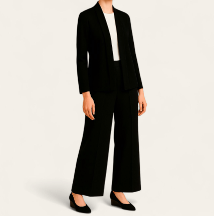 ست کت یقه برگردان و شلوار بگ کرپ مشکی سایز 32 تا 62 (رنگبندی موجود) رویداسما roydasma سایز بزرگ موجود