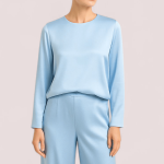 شومیز ساتن آستین بلند آبی روشن سایز 32 تا 62 (رنگبندی موجود) رویداسما roydasma سایز بزرگ موجود