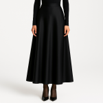 دامن بلند ساتن پشت کش مشکی نیم کلوش قد 90cm سایز 32 تا 62 (رنگبندی موجود) رویداسما roydasma سایز بزرگ موجود