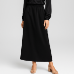 دامن بلند کمرکش کرپ نخ مشکی ای لاین سایز 32 تا 62 رویداسما roydasma سایز بزرگ موجود