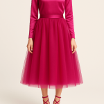 دامن توری مجلسی میدی سرخابی سایز 32 تا 62