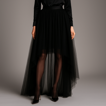 دامن توری پشت بلند مشکی سایز 32 تا 62 (رنگبندی موجود) رویداسما roydasma سایز بزرگ موجود