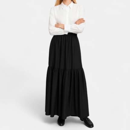 دامن دودامنه کرپ نخ کمرکش مشکی سایز 32 تا 62 رویداسما roydasma سایز بزرگ موجود