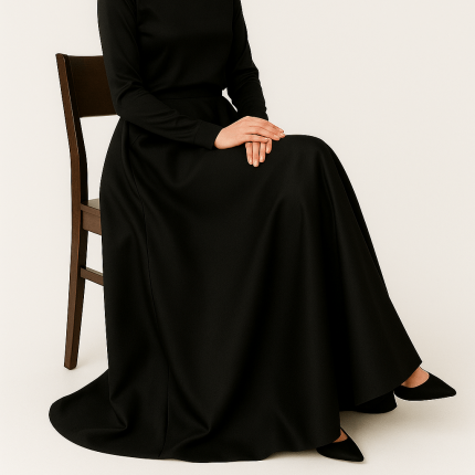 دامن ساتن آمریکایی نیم کلوش بلند مشکی پشت کش سایز 32 تا 62 (رنگبندی موجود) رویداسما roydasma سایز بزرگ موجود