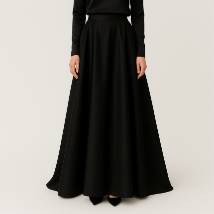 دامن ساتن آمریکایی نیم کلوش بلند مشکی پشت کش سایز 32 تا 62 (رنگبندی موجود) رویداسما roydasma سایز بزرگ موجود