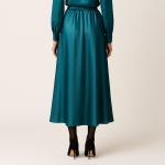 دامن ساتن کمرکش اِی لاین میدی سبز کله غازی سایز 32 تا 62 قد 80cm (رنگبندی موجود) رویداسما roydasma سایز بزرگ موجود