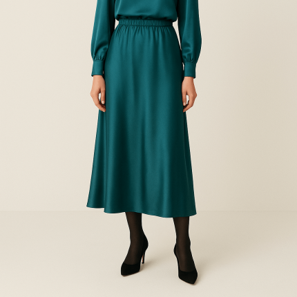 دامن ساتن کمرکش اِی لاین میدی سبز کله غازی سایز 32 تا 62 قد 80cm (رنگبندی موجود) رویداسما roydasma سایز بزرگ موجود