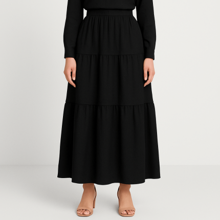 دامن سه دامنه چیندار پشت کش نخی ابروبادی مشکی قد 100cmسایز 32 تا 62 رویداسما roydasma سایز بزرگ موجود