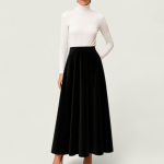 دامن مخمل بلند پشت کش نیم کلوش مشکی سایز 32 تا 62 (رنگبندی موجود) رویداسما roydasma سایز بزرگ موجود