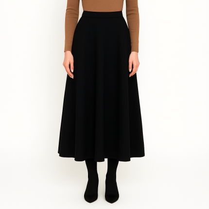 دامن میدی نیم کلوش پشت کش کرپ مشکی سایز 32 تا 62 قد 80 (رنگبندی موجود) رویداسما roydasma سایز بزرگ موجود