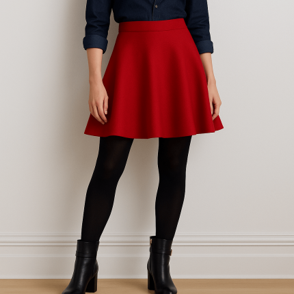 دامن کرپ پشت کش قرمز سایز 32 تا 62 نیم کلوش قد 35cm (رنگبندی موجود) رویداسما roydasma سایز بزرگ موجود