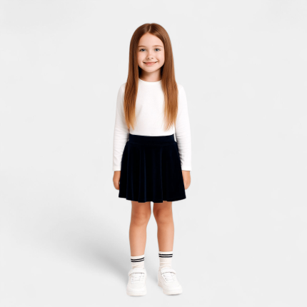 دامن کودک مخمل کوتاه نیم کلوش پشت کش آبی نفتی سایز بندی 2 تا 11 سال (رنگبندی موجود) رویداسما roydasma