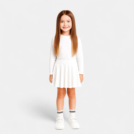 دامن کودک مخمل کوتاه نیم کلوش پشت کش سفید سایز بندی 2 تا 11 سال (رنگبندی موجود) رویداسما roydasma