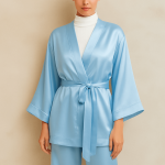 ربدوشامبر ساتن آبی روشن کلاسیک سایز 32 تا 62 قد 80cm (رنگبندی موجود) رویداسما roydasma سایز بزرگ موجود