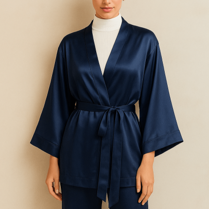 ربدوشامبر ساتن آبی نفتی کلاسیک سایز 32 تا 62 (رنگبندی موجود) رویداسما roydasma سایز بزرگ موجود