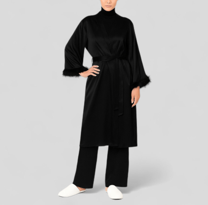 ربدوشامبر ساتن مشکی پردار قد 100cm سایز 32 تا 62 (رنگبندی موجود) رویداسما roydasma سایز بزرگ موجود ست ربدوشامبر و شلوار ساتن مشکی پردار قد 100cm