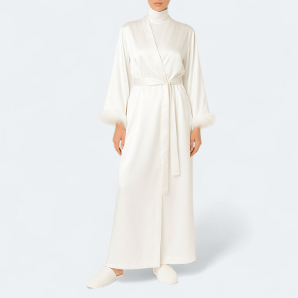 ربدوشامبر عروس ساتن سفید پردار قد 125cm سایز 32 تا 62 (رنگبندی موجود) رویداسما roydasma سایز بزرگ موجود