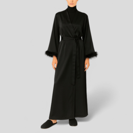 ربدوشامبر عروس ساتن مشکی پردار قد 125cm سایز 32 تا 62 (رنگبندی موجود) رویداسما roydasma سایز بزرگ موجود