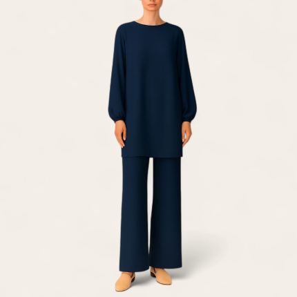 ست تونیک مانتویی و شلوار بگ آبی نفتی نخی ابروبادی سایز 32 تا 62 رویداسما roydasma سایز بزرگ موجود