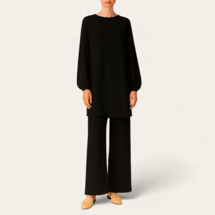 ست تونیک مانتویی و شلوار بگ مشکی نخی ابروبادی سایز 32 تا 62 رویداسما roydasma سایز بزرگ موجود