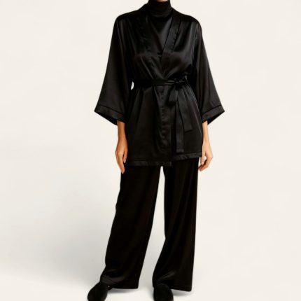 ست ربدوشامبر آستین کیمونو و شلوار ساتن مشکی سایز 32 تا 62 (رنگبندی موجود) رویداسما roydasma سایز بزرگ موجود