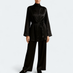 ست ربدوشامبر و شلوار ساتن مشکی کلاسیک سایز 32 تا 62 (رنگبندی موجود) رویداسما roydasma سایز بزرگ موجود